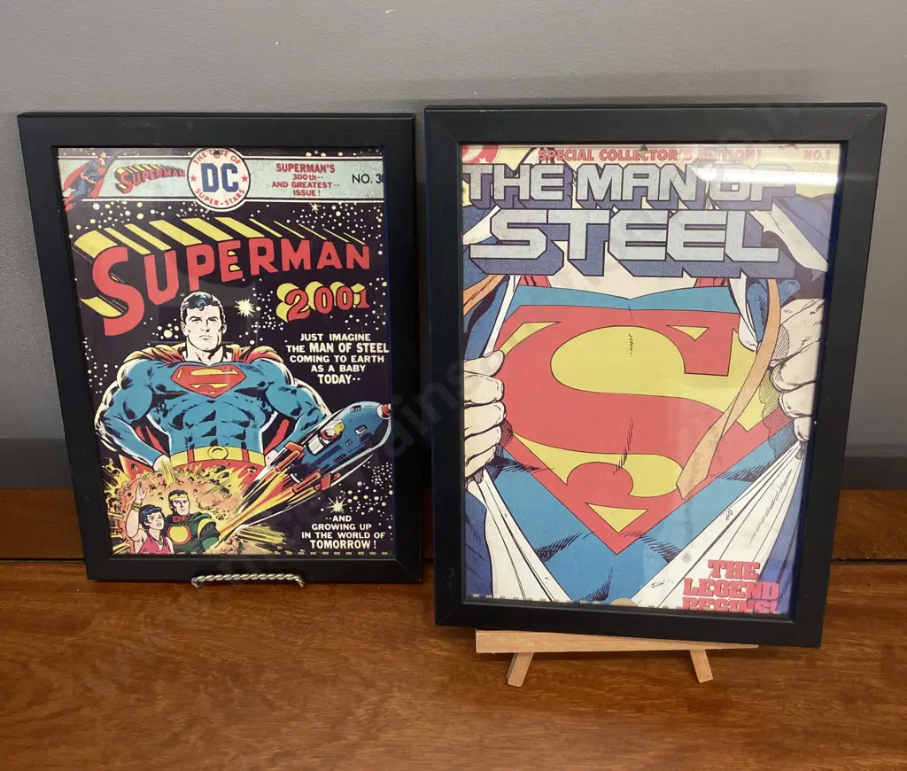 Pair of Framed Superman Comic Book Cover Prints - #1 Superman The Legend Begins & #300 Superman 2001. 32.5 x 24cm Image 1++